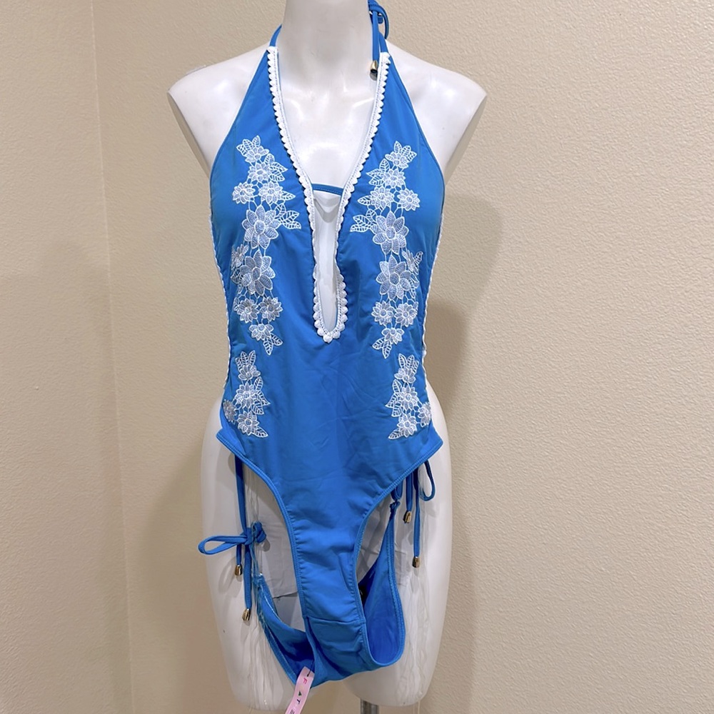 NWT Feather II Light Blue Embroidered Halter One Piece Swimsuit Bathing Suit M